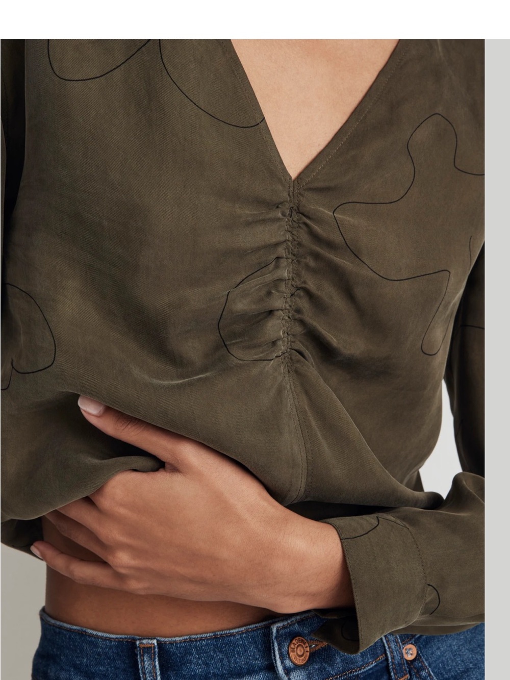 Madewell V-Neck Ruched Olive Green Women's Top